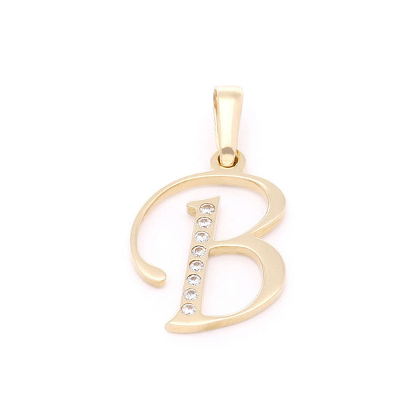 Dije diseño especial motivo letra B con circonias en oro amarillo 14 kilates.