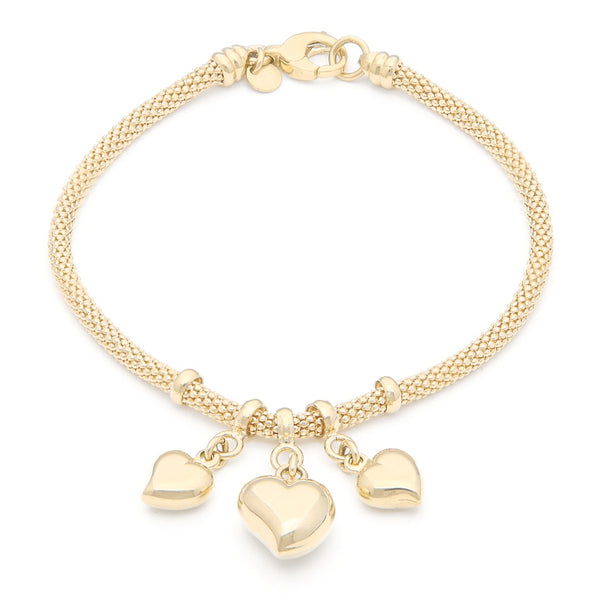 Pulsera eslabón tejido con colgantes motivo corazón en oro amarillo 14 kilates.