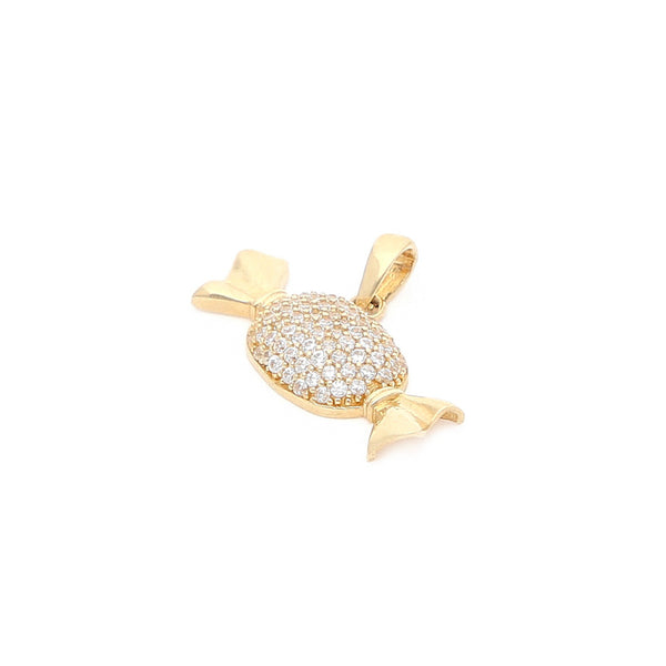 Dije diseño especial motivo caramelo con circonias en oro amarillo 14 kilates.