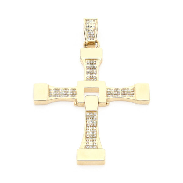 Cruz articulada con circonias en oro amarillo 14 kilates.
