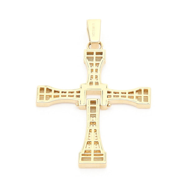 Cruz articulada con circonias en oro amarillo 14 kilates.