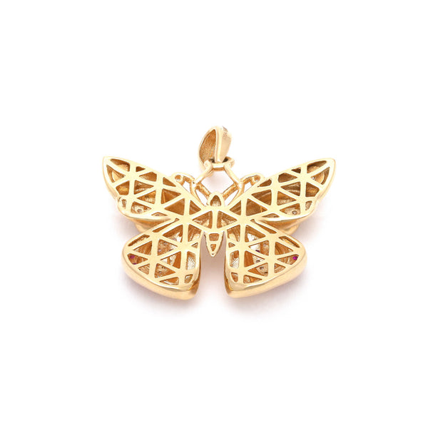 Dije diseño especial motivo mariposa con sintéticos en oro amarillo 14 kilates.