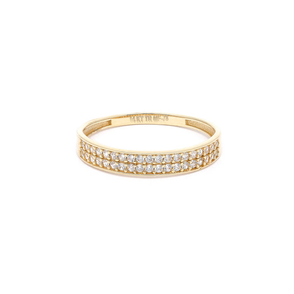 Anillo diseño especial con circonias en oro amarillo 14 kilates.