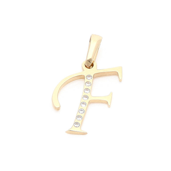 Dije diseño especial motivo letra F con circonias en oro amarillo 14 kilates.