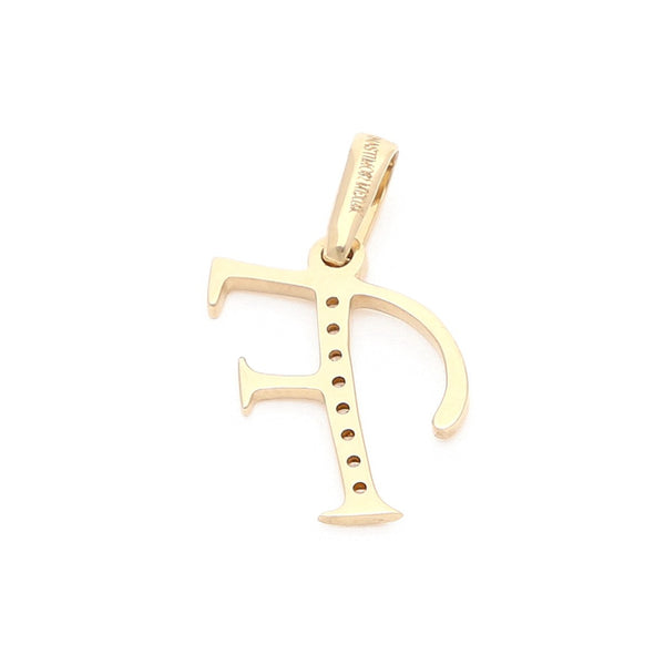 Dije diseño especial motivo letra F con circonias en oro amarillo 14 kilates.