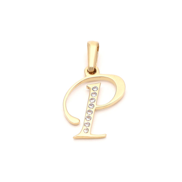 Dije diseño especial motivo letra P con circonias en oro amarillo 14 kilates.