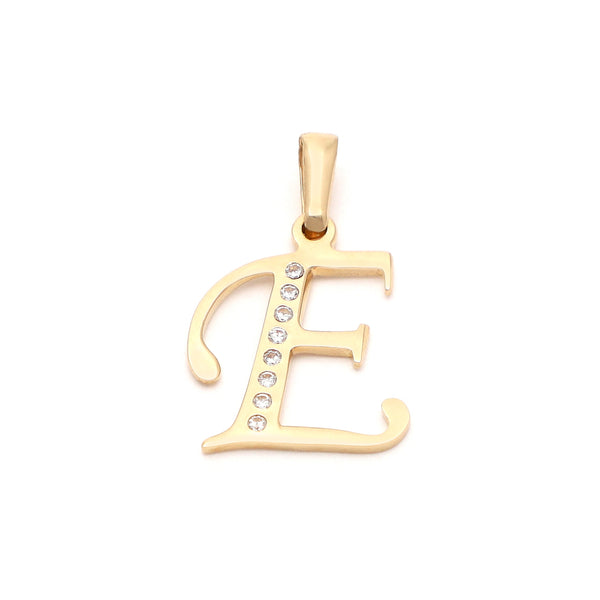Dije diseño especial motivo letra E con circonias en oro amarillo 14 kilates.