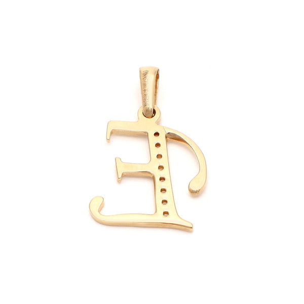 Dije diseño especial motivo letra E con circonias en oro amarillo 14 kilates.