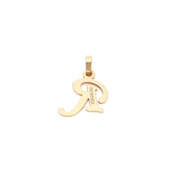 Dije liso motivo letra R en oro amarillo 14 kilates.