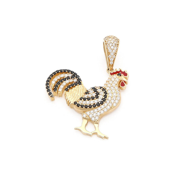 Dije diseño especial motivo gallo con sintéticos y esmalte en oro amarillo 14 kilates.