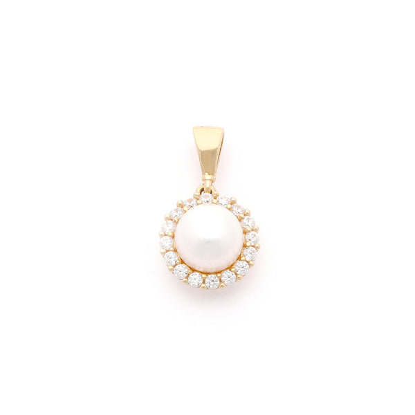 Dije diseño especial con perla y circonias en oro amarillo 14 kilates.