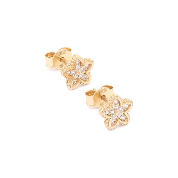 Aretes diseño especial con circonias motivo flor en oro amarillo 14 kilates.