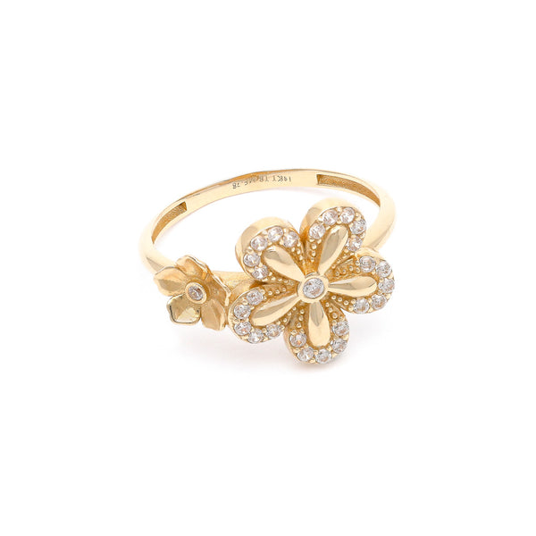 Anillo diseño especial motivo flores con circonias en oro amarillo 14 kilates.
