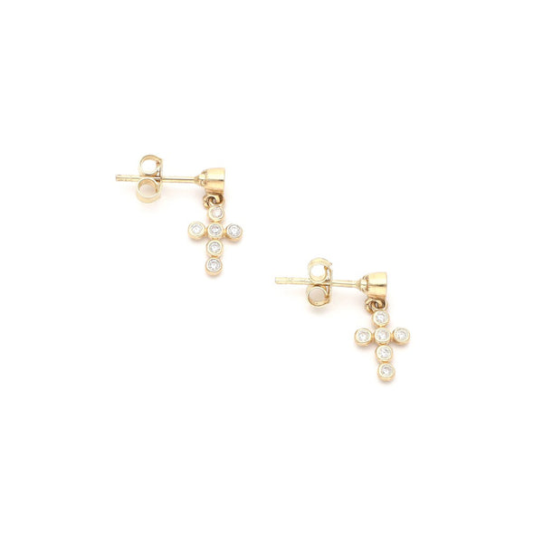 Aretes diseño especial con colgantes motivo cruz con circonias oro amarillo 14 kilates.