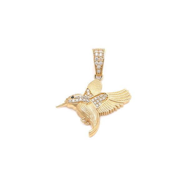 Dije diseño especial motivo colibrí con circonias en oro amarillo 14 kilates.