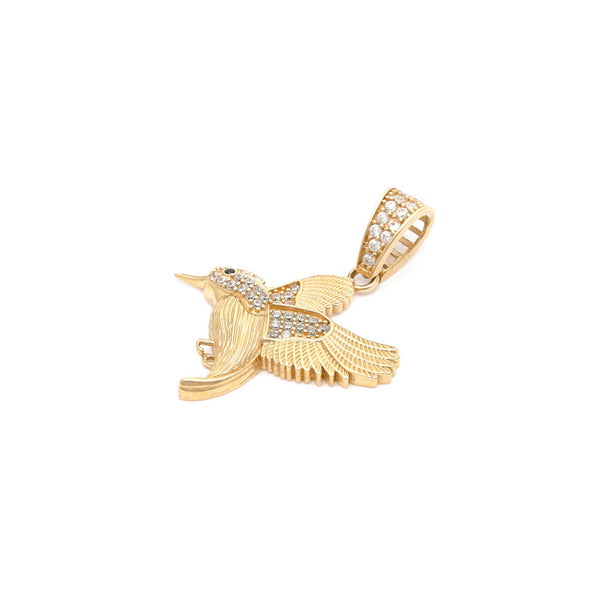 Dije diseño especial motivo colibrí con circonias en oro amarillo 14 kilates.