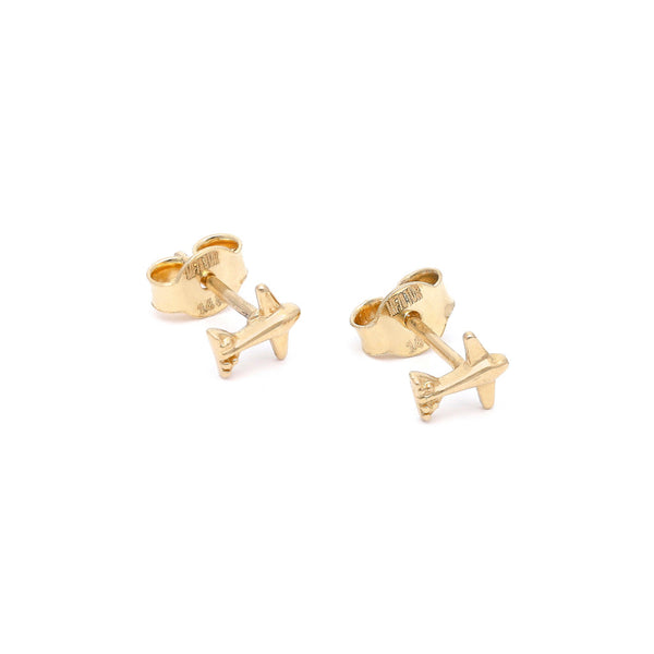 Aretes diseño especial motivo avión en oro amarillo 14 kilates.
