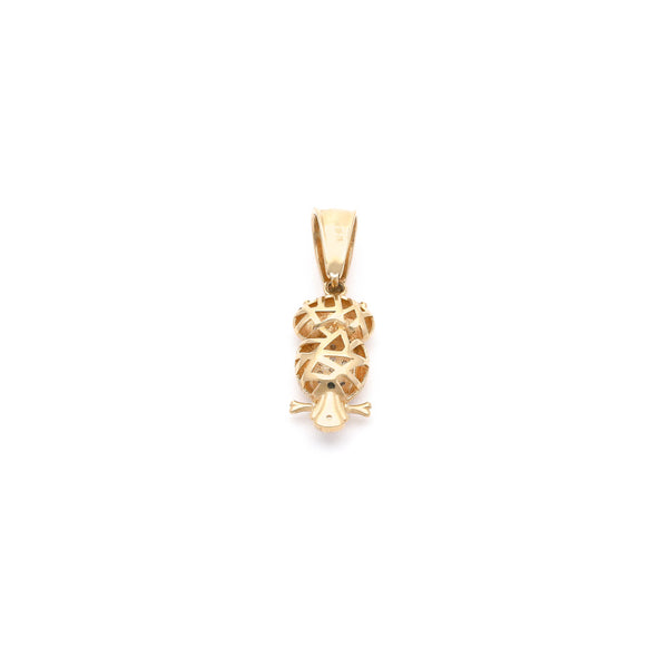 Dije diseño especial motivo búho con circonias en oro amarillo 14 kilates.
