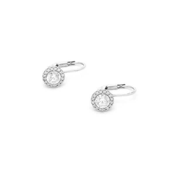 Aretes diseño especial con circonias en oro blanco 14 kilates.