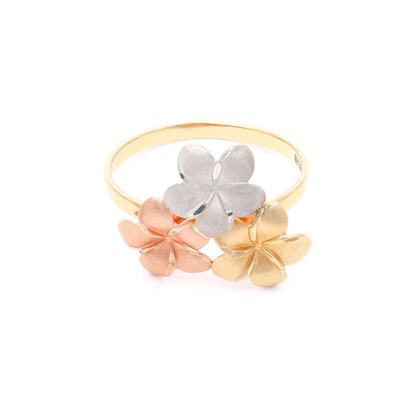 Anillo diseño especial motivo flores en oro tres tonos 14 kilates.