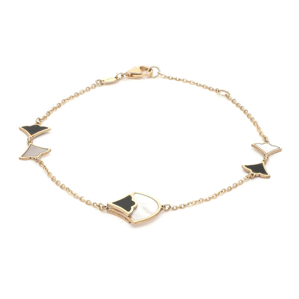 Pulsera eslabón cruzado con aplicaciones y sintéticos motivo abanico en oro amarillo 14 kilates.