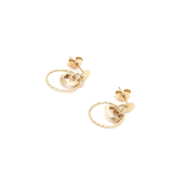 Aretes diseño especial con colgantes motivo aros en oro amarillo 14 kilates.