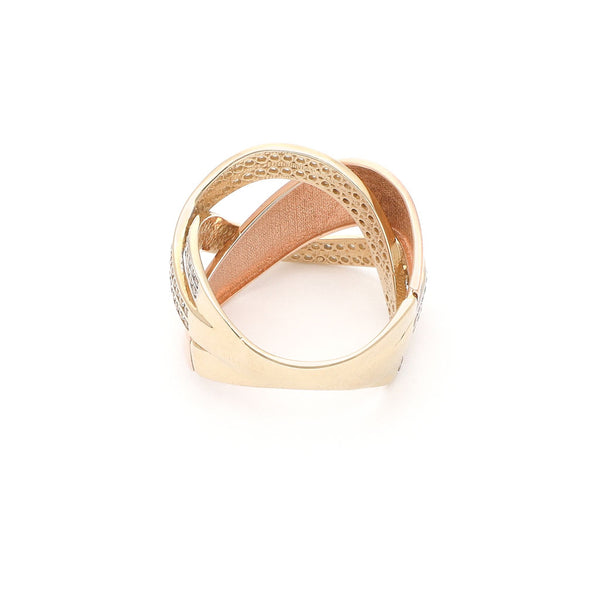 Anillo diseño especial con circonias en oro dos tonos 14 kilates.