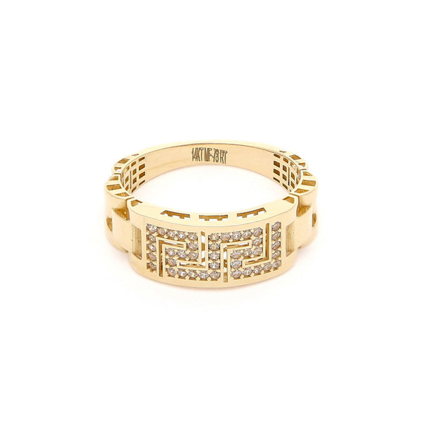 Anillo diseño especial motivo grecas con circonias en oro amarillo 14 kilates.