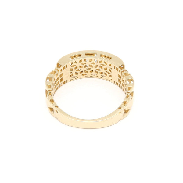 Anillo diseño especial motivo grecas con circonias en oro amarillo 14 kilates.