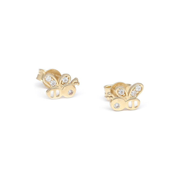 Aretes calados motivo abeja con circonia en oro amarillo 14 kilates.