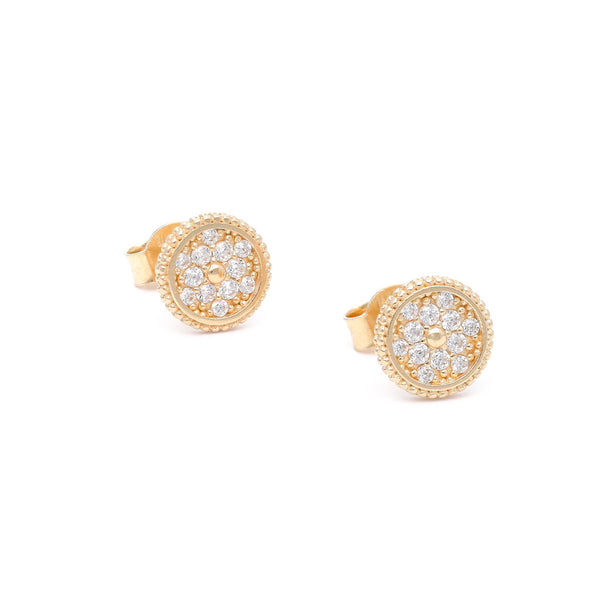 Aretes diseño especial con circonias en oro amarillo 14 kilates.