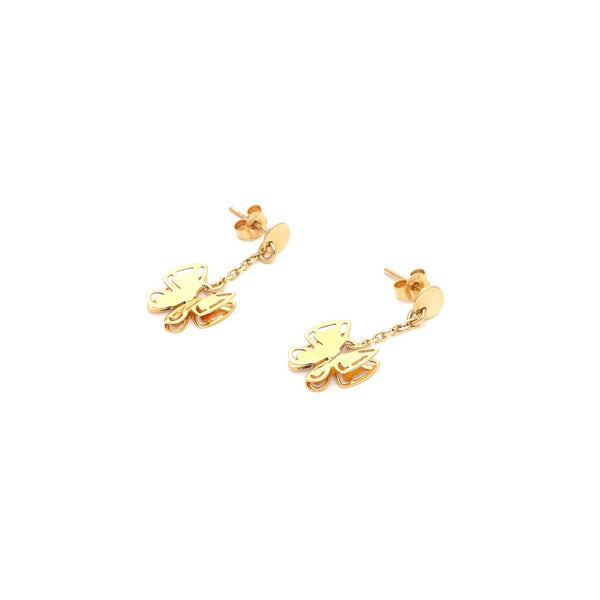 Aretes calados con colgantes motivo mariposa en oro amarillo 14 kilates.