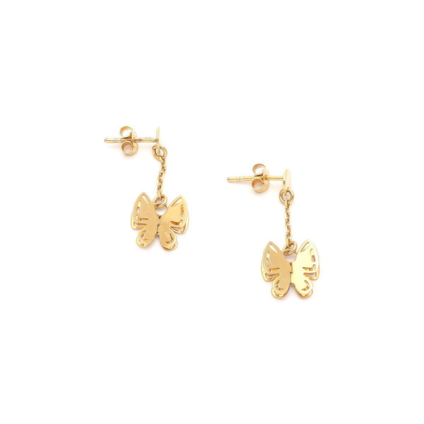 Aretes calados con colgantes motivo mariposa en oro amarillo 14 kilates.