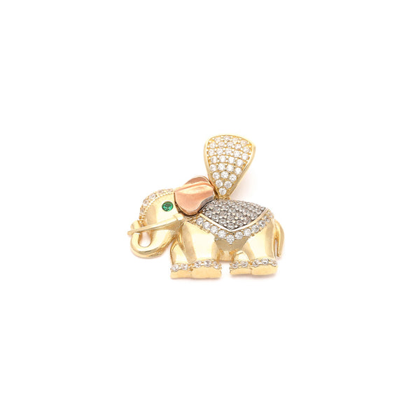 Dije diseño especial motivo elefante con sintéticos en oro dos tonos 14 kilates.