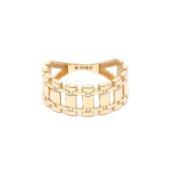 Anillo calado motivo riel en oro amarillo 14 kilates.