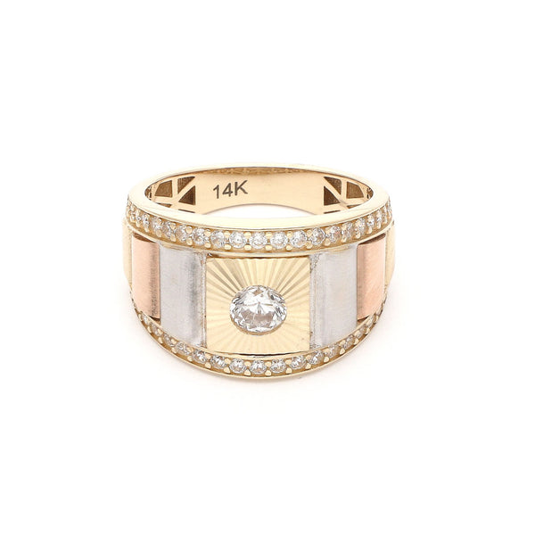 Anillo diseño especial con circonias en oro tres tonos 14 kilates.