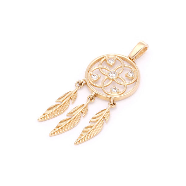 Dije calado motivo atrapa sueños con circonias en oro amarillo 14 kilates.