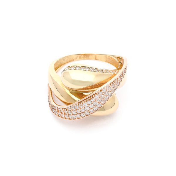 Anillo ondulado con circonias en oro dos tonos 14 kilates.
