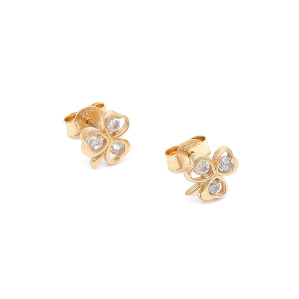 Aretes diseño especial con circonias motivo trébol en oro amarillo 14 kilates.