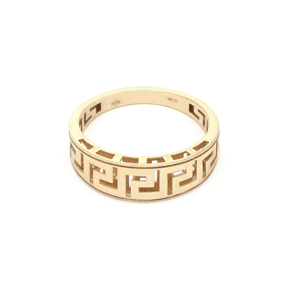 Anillo calado motivo grecas en oro amarillo 14 kilates.