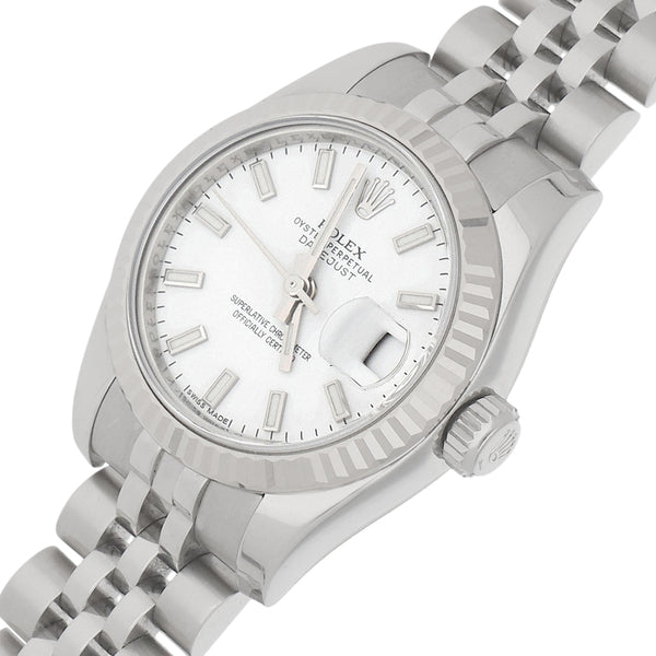 Reloj Rolex para dama modelo Oyster Perpetual DayJust vistas oro blanco 18 kilates.