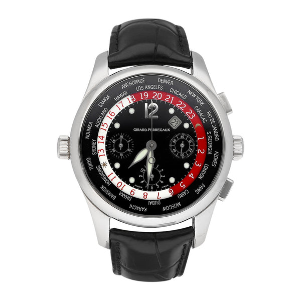 Reloj Girard Perregaux para caballero modelo WW.TC World Time Chronograph caja y broche en oro blanco 18 kilates.