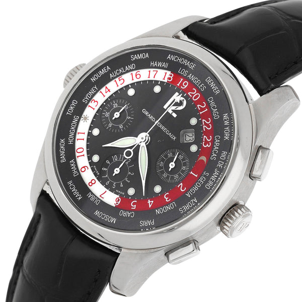 Reloj Girard Perregaux para caballero modelo WW.TC World Time Chronograph caja y broche en oro blanco 18 kilates.