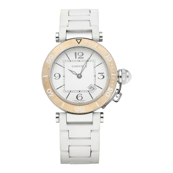 Reloj Cartier para dama modelo Pasha Seatimer vistas en oro rosa 18 kilates.
