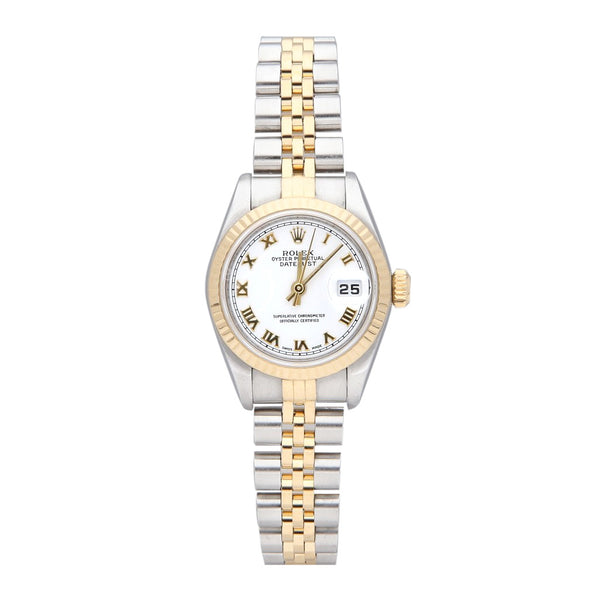 Reloj Rolex para dama modelo Oyster Perpetual DateJust vistas en oro amarillo 18 kilates.