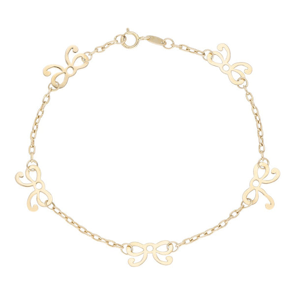 Pulsera eslabón cruzado con aplicación motivo moño en oro amarillo 14 kilates.