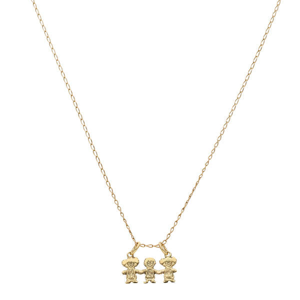 Collar eslabón encontrado con dije motivo niños en oro amarillo 14 kilates.