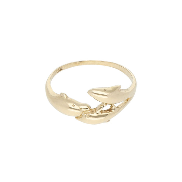 Anillo liso motivo delfines en oro amarillo 14 kilates.