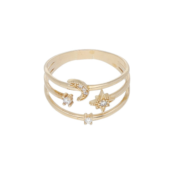 Anillo calado motivo luna y estrellas con sintéticos en oro rosa 14 kilates.