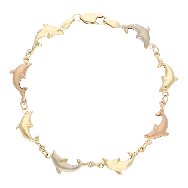 Pulsera eslabón combinado motivo delfín en oro tres tonos 14 kilates.
